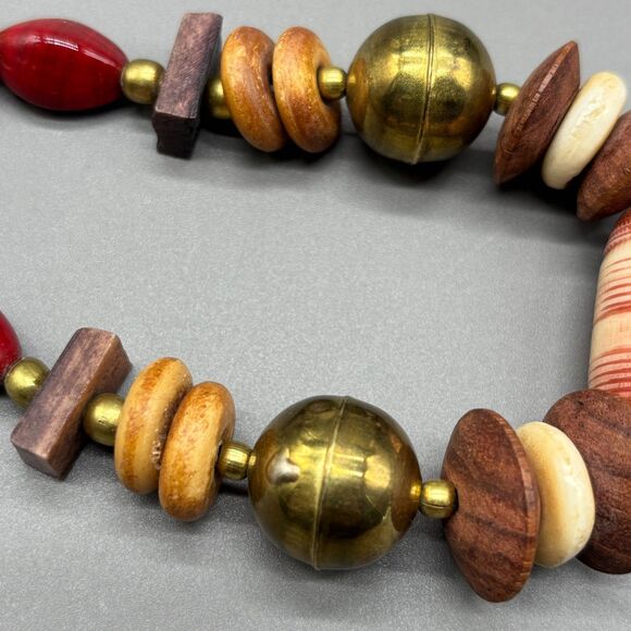 Tribal Style Statement Necklace Brass Bone Horn Wood Stone Beads 1970s Boho - Picture 14 of 16